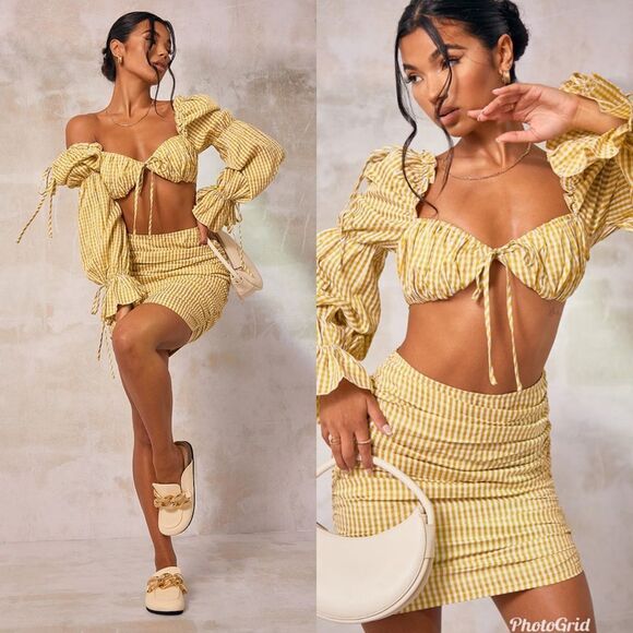 Prettylittlething Chartreuse Gingham Cut Out Ruched Bodycon Puff Sleeve Dress - Picture 1 of 8